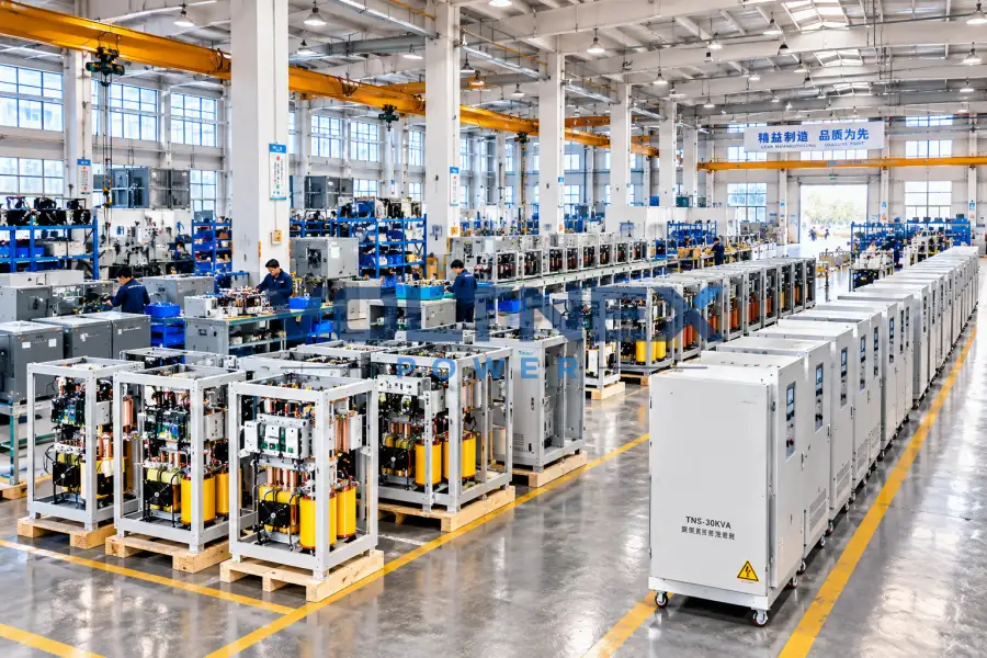 Large industrial manufacturing workshop with transformer production equipment, electrical assembly stations and finished power equipment