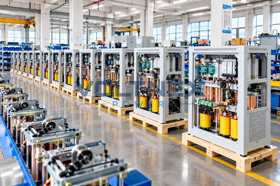 Large-scale factory production line with industrial transformer assembly stations and electrical power equipment manufacturing facilities