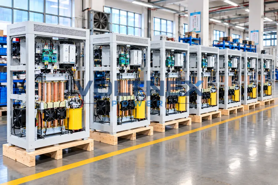 Modern transformer production workshop with assembly stations, electrical components and quality inspection equipment