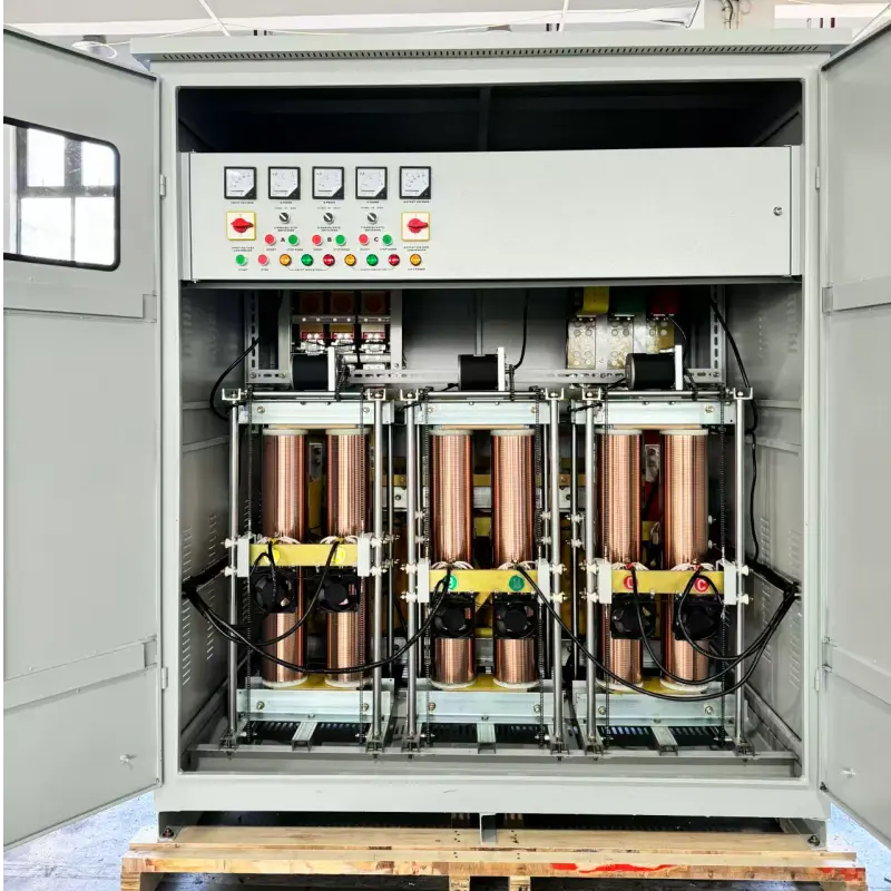 Open-Door View of High-Power Industrial Automatic Voltage Regulator AVR with Copper Windings and Compensation Transformers
