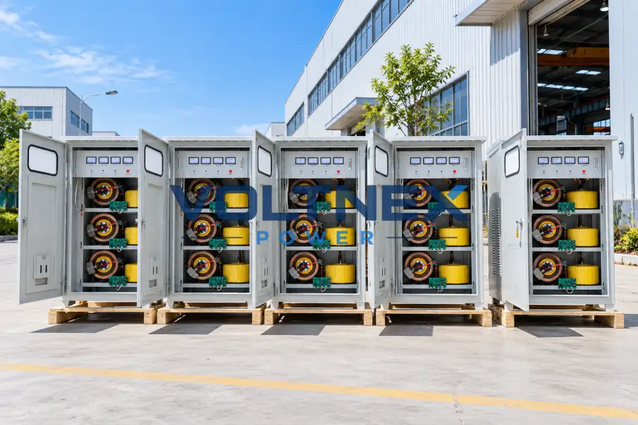Outdoor factory area displaying finished industrial transformers and customized electrical power equipment
