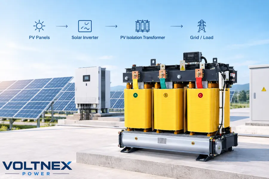 PV isolation transformer connection diagram showing solar panels, solar inverter, dry type isolation transformer, AC distribution system and utility grid for photovoltaic power generation and electrical isolation