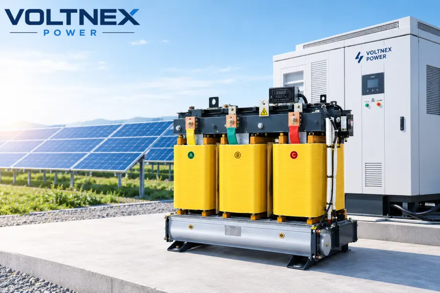 Solar PV power system with three phase dry type isolation transformer for grid connection, voltage conversion, electrical isolation and industrial renewable energy applications