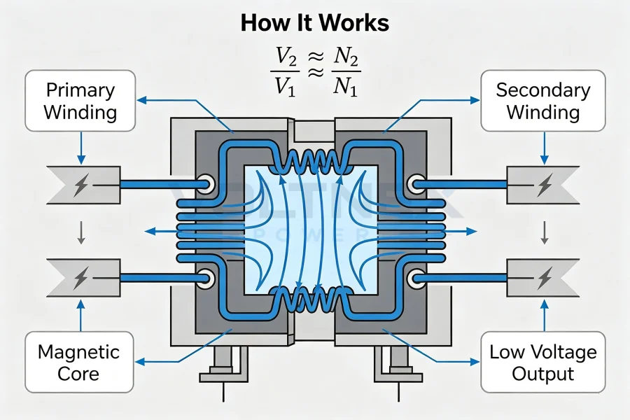 Step Down Power Transformer Working Principle Diagram Showing Primary Winding, Secondary Winding, Magnetic Core and Low Voltage Output for Industrial Power Conversion