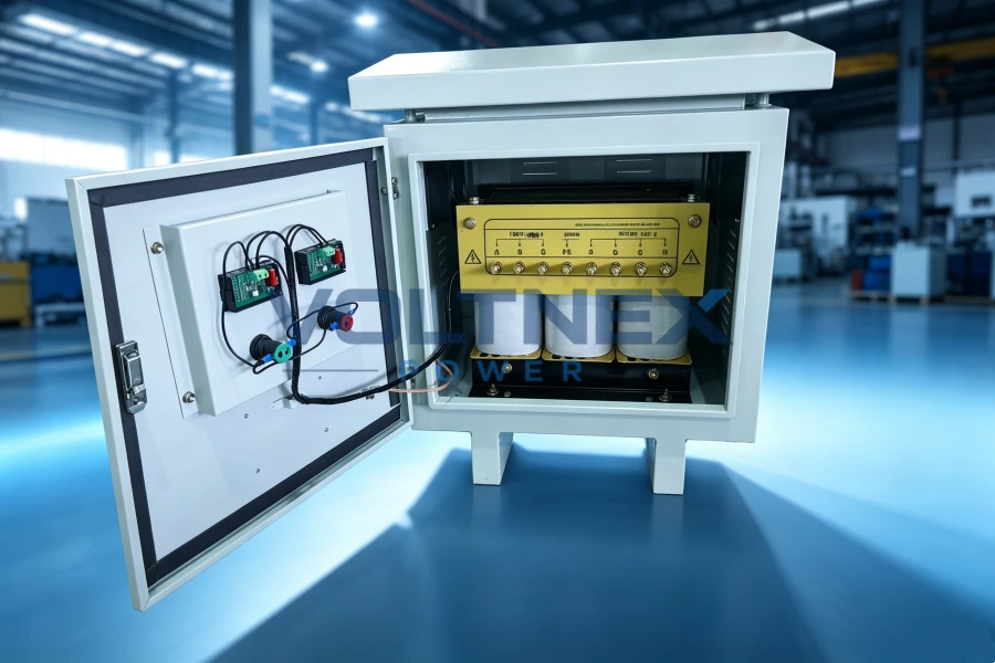 Three Phase Dry Type Step Down Isolation Transformer Internal Structure with Copper Windings, Electrical Components and Protective Enclosure for Industrial Applications