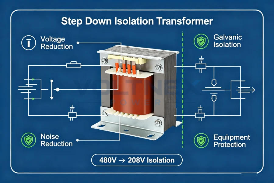 Three Phase Step Down Isolation Transformer Internal Wiring and Terminal Structure for Voltage Reduction, Galvanic Isolation and Industrial Equipment Protection