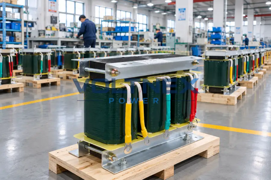Transformer core and winding production process with electrical components and assembly equipment inside a professional factory