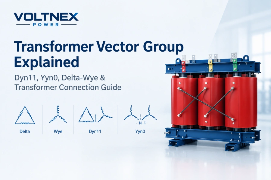 Schéma des groupes vectoriels des transformateurs illustrant les connexions Dyn11, Yyn0 et Delta-Étoile pour les transformateurs triphasés industriels